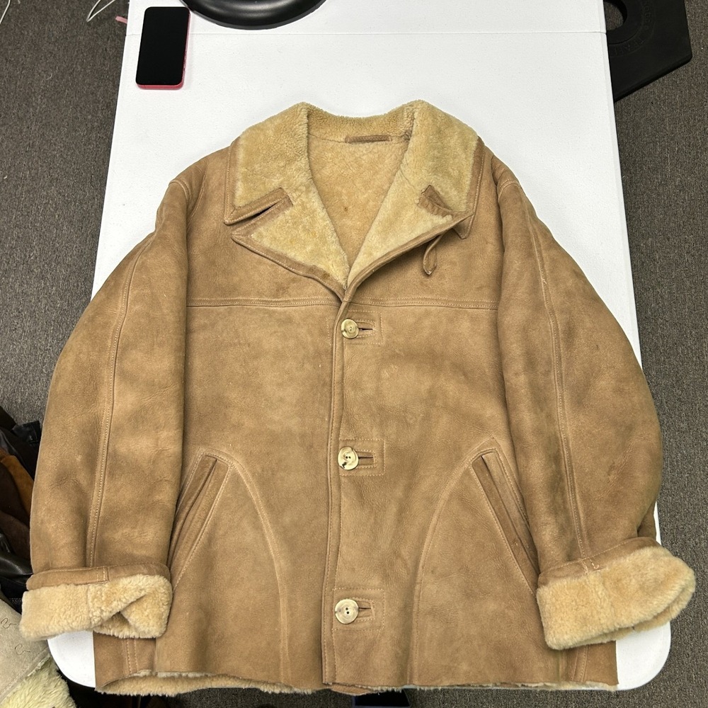 Woolrich Shearling Coat Mens L Tan Genuine Lamb Suede Vintage Rancher Jacket